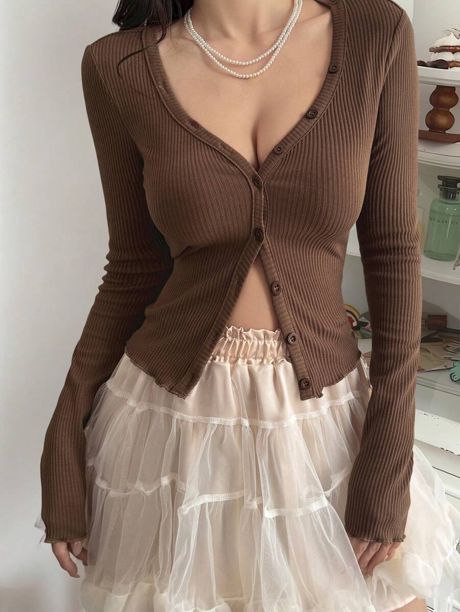 DAZY 女士深V领修身长袖休闲T恤 Y2k - 棕色 - 查看 1