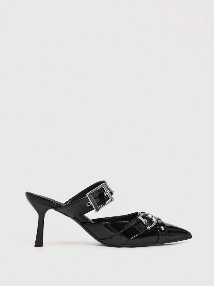 CUCCOO SZL Women's Pointed Toe Stiletto Heel Backless Pumps With Metal Buckle Decor Valentine's Day