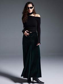 MYSTAURA Women's Elegant Low Waist Velvet Ruched Bodycon Skirt - Green - View 6