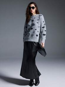 MYSTAURA Crew Neck Jacquard Contrast Color Long Sleeve Pullover Sweater - Grey - View 5