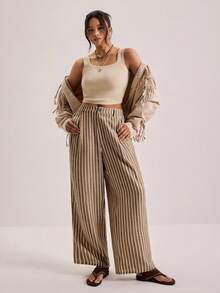 SHEIN VCAY Plus Size Casual Striped Loose Pants - Coffee Brown - View 5