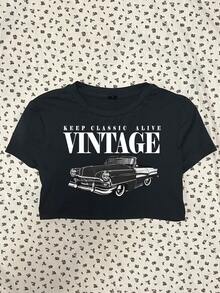 Attitoon 休闲简约摇滚黑白灰复古汽车图案印花圆领短袖修身短款女式T恤，百搭风格，适合春夏穿着，复古、性感、可爱、Y2K、椰子女孩、波西米亚、嬉皮、音乐节等各种场合。 - 黑色 - 查看 5