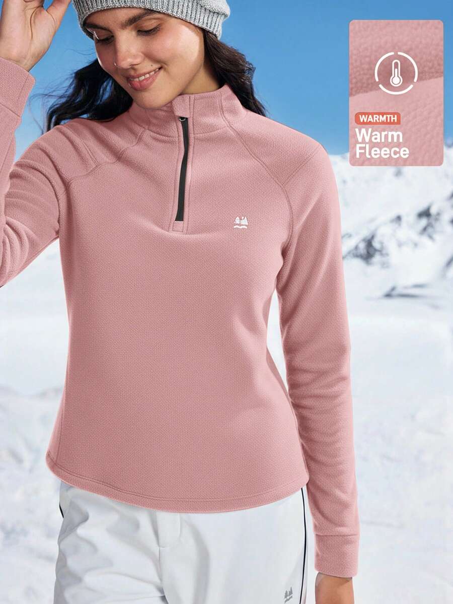 In My Nature Women's Autumn/Winter Half-Zip Stand Collar Raglan Sleeve Fleece Jacket, Warm Outdoor Thermal - Pink - View 1