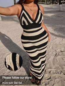 SHEIN EZwear Plus Size Spring And Autumn Holiday Crochet Long Sweater Dress