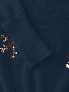 Franclia Gaun Sweater Rajut Lengan Panjang Pas Badan dengan Motif Kepingan Salju Berhiaskan Payet Emas Mewah, Gaya Serupa, Gaya Blogger Baru Eropa & Amerika. - Biru - View 3