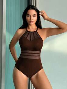 SHEIN Swim 女士纯色拼接网纱性感挂脖连体泳衣 - 咖啡棕 - 查看 3
