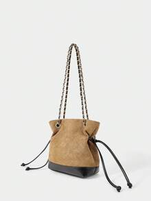 SHECARRY Retro Color Block Suede Handbag, Autumn/Winter Fashion Quilted Chain Shoulder Bag, Commuter Crossbody Hobo Bucket Bag - Khaki - View 4