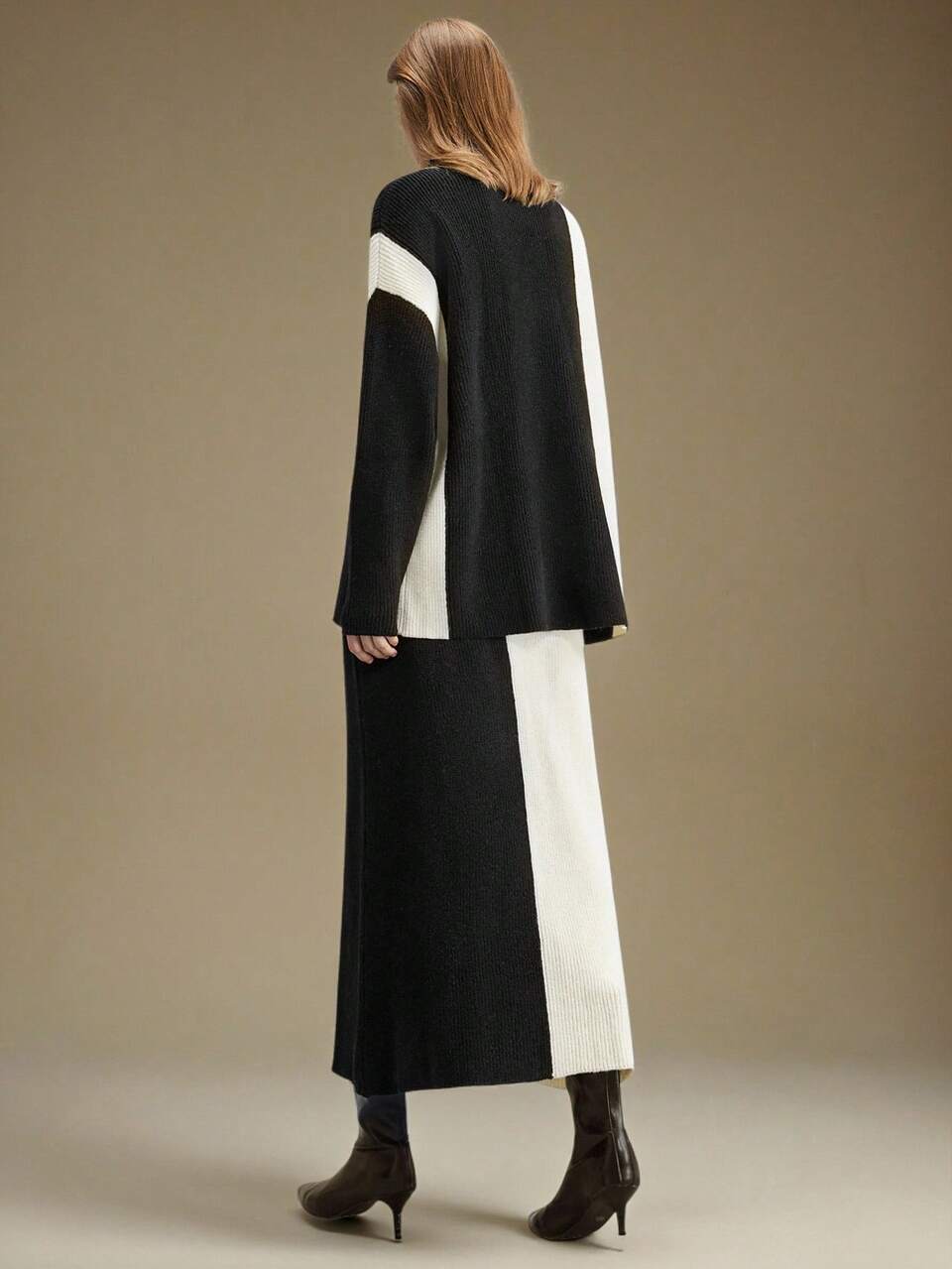 Women's Casual Colorblock Turtleneck Sweater And Knit Skirt 2 Pieces Set, Autumn/Winter,Fall,Fall Clothes For Women,Winter Clothes For Women
