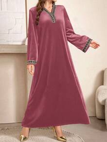 Al Najma 2024 Spring/Autumn New Arrival High-End Goddess Elegant Gold Velvet Long Sleeve Dress - Pink - View 7