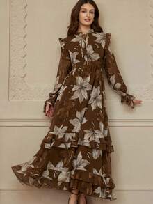 Aveloria Rosie Autumn English Style Multi-Layer Ruffle Pearl Chiffon Random Print Long Sleeve Dress - Multicolor - View 4