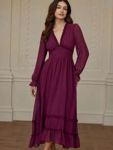 Revavyn Fashionable Design Elegant Versatile Sexy Deep V Solid Color Ruffle Trim Long Sleeve Dress - Purple - View 4