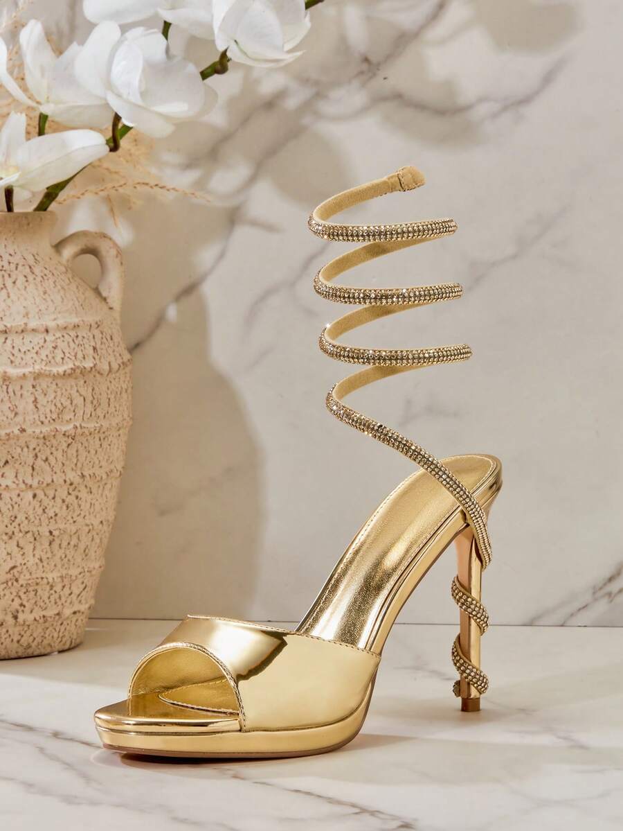 SHUZIA Fabulous Women's Black Gold Wrap Around Rhinestone Ankle Strap Heel, Round Toe Spring Summer Chic Holiday Shoes Valentine's Day - Gold - View 1
