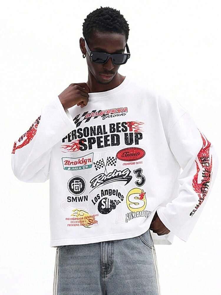 불꽃 무늬가 있는 긴팔 레이싱 그래픽 티셔츠