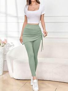 Aidyla Women's Casual Solid Color Side Drawstring Leggings - Mint Green - View 5