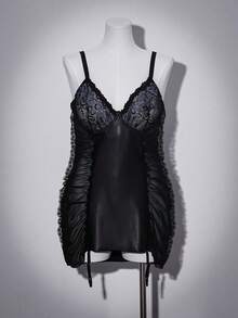 SHEIN Plus Size Trendsetter Series Dual-Color Lace & PU Patchwork Mesh Ruched Design Underwire Lingerie Dress - Black - View 1