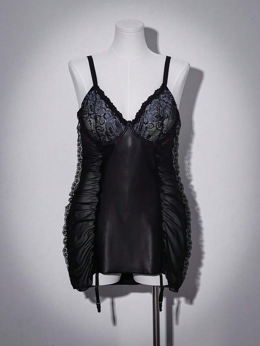 SHEIN Plus Size Trendsetter Series Dual-Color Lace & PU Patchwork Mesh Ruched Design Underwire Lingerie Dress - Black - View 1