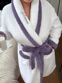 SHEIN 加大码柔软舒适撞色滚边绒面浴袍 - 白色 - 查看 5