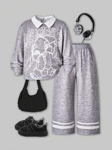 SHEIN Chelsea Crush 女童两件套：撞色领长袖T恤，卡通印花装饰 + 直筒运动裤，厚度适中，适合春秋季休闲穿着和运动。