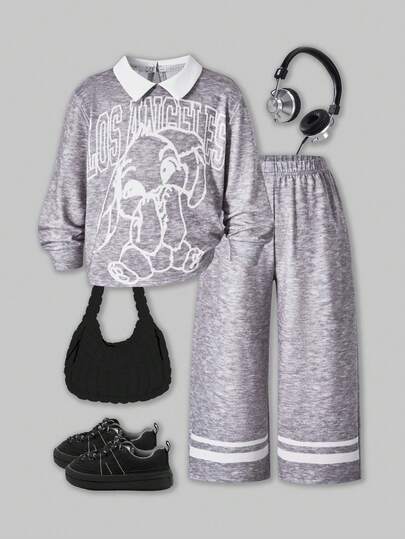 SHEIN Chelsea Crush 女童两件套：撞色领长袖T恤，卡通印花装饰 + 直筒运动裤，厚度适中，适合春秋季休闲穿着和运动。