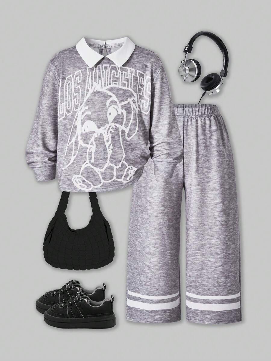 SHEIN Chelsea Crush 女童两件套：撞色领长袖T恤，卡通印花装饰 + 直筒运动裤，厚度适中，适合春秋季休闲穿着和运动。