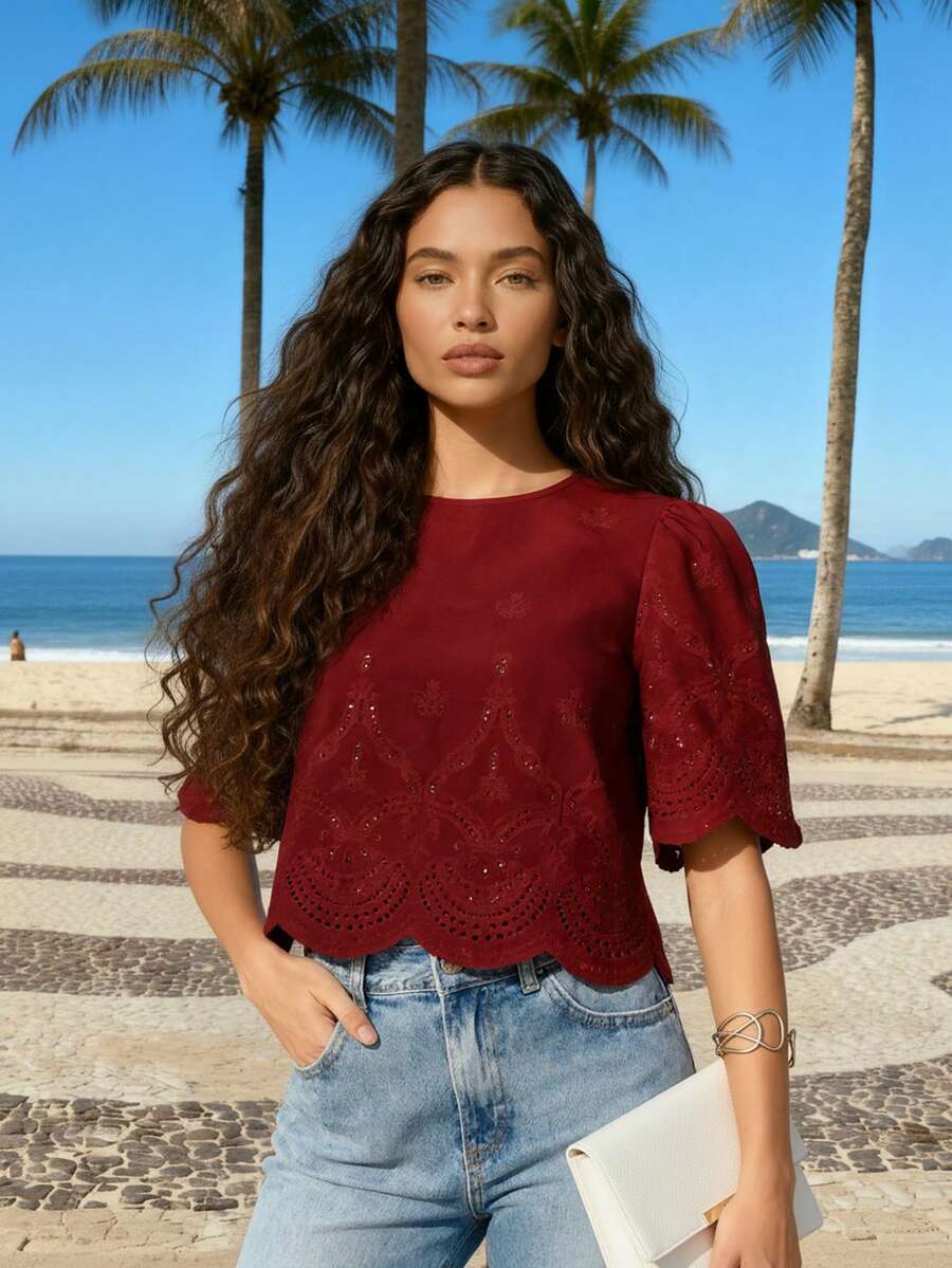 CAJUNI Áo crop top ren khoét vai đơn giản cho kỳ nghỉ của phụ nữ - Màu Đỏ Sâu - Xem 1