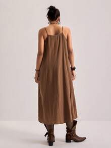 Freevana 大码纯色口袋休闲百搭吊带连衣裙 - 駝色 - 查看 6