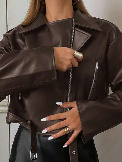 DAZY 宽松版型摩托车PU皮夹克，配腰带，女士款，Y2K风格