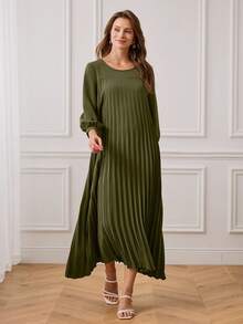 Miaspire 宽松褶皱七分袖圆领连衣裙 - 軍綠色 - 查看 4