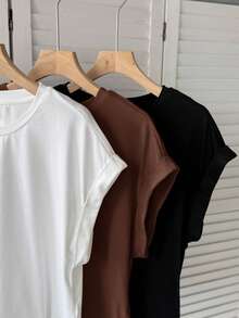 SHEIN LUNE 3件装女士休闲纯色基础款短袖T恤基本款上衣，休闲 - 棕色 - 查看 5