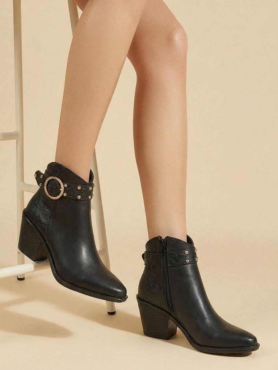 Botines de Mujer con Hebilla Decorativa, Punta Afilada y Tacón Grueso para Estilo Elegante y Ocasiones Especiales - Negro - Ver 1