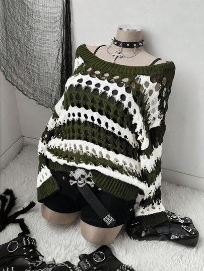 Sunspun Plus Size Women's Black & White Casual Crochet Pattern Y2K Grunge Style Hollow Out Knit Pullover Sweater, Suitable For Spring, Summer, Autumn Wear, Vacation, Back To School Women's Sweater Knit Top Sweater Top