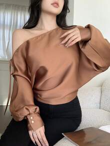 Feyla Blusa holgada de manga farol con cuello asimétrico de unicolor minimalista para vacaciones, para mujer, primavera/otoño - Marrón - Ver 6