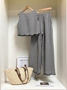 SHEIN Frenchy Women's Plaid Print Round Neck Tank Top And Elastic Waist Pants 2 Pieces Set,Lace Trim Suit, Contrasting Trim Design Suit,Black And White Checkered Suit,Non-Stretch Crepe Fabric,Casual Trouser Suit,Summer Outfits For Women,Summer Clothes,Women's Summer Set ,Elegant And Intellectual Dressing,Pring Outfit Women,Casual, Minimalist, Commute ,Retro French Stylebeach Set,Summer Holiday Outfits,Vacation Outfits For Women Resort - Black and White - View 2