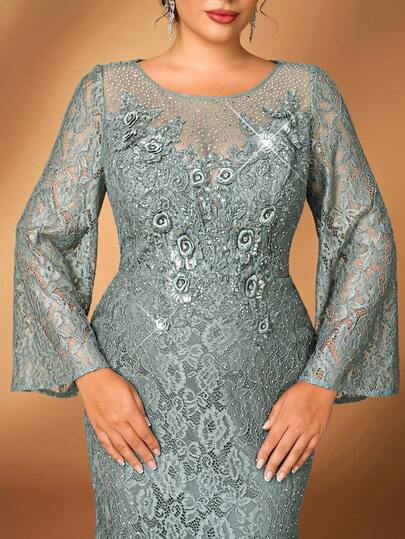 Serin 大码秋冬优雅迷人灰绿色圆领蕾丝亮片泡泡珠水钻设计喇叭长袖修身鱼尾连衣裙，适合晚宴、舞会、婚礼、音乐节、新娘母亲礼服、情人节等场合。