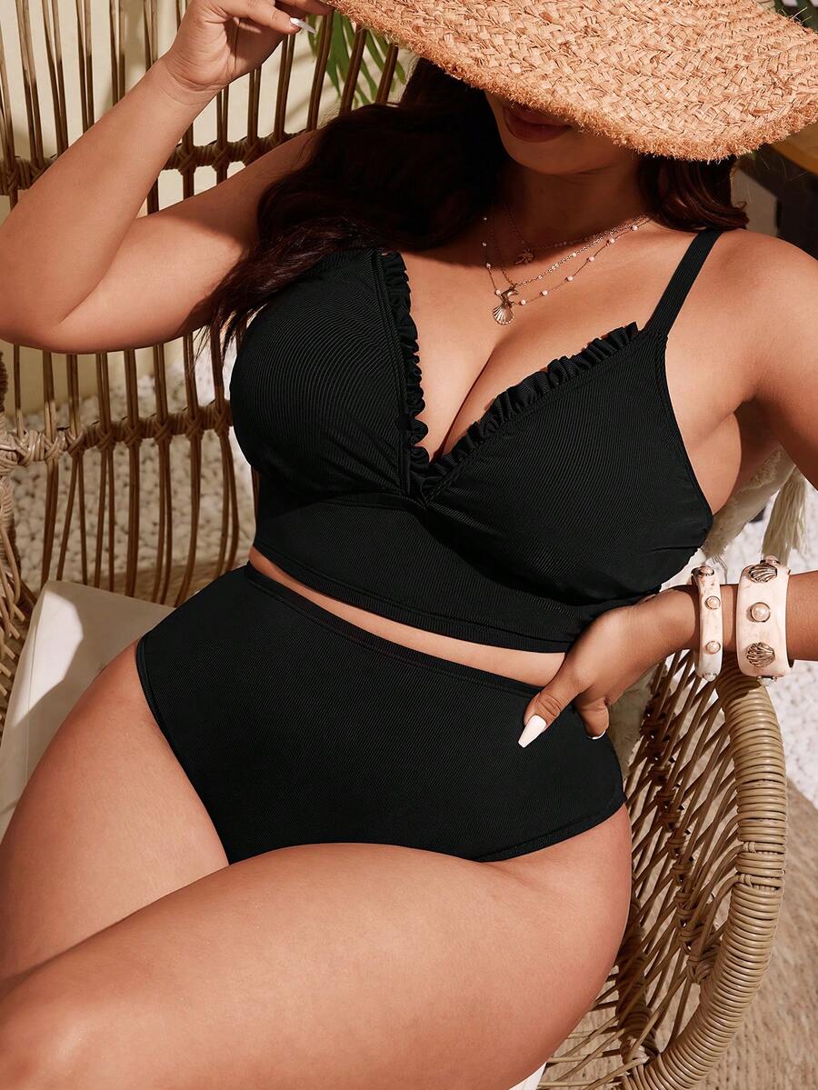 Swim Vcay Bộ đồ bơi Tankini 2 mảnh màu đen trơn có gân thời trang đi nghỉ & thường ngày tối giản có dây rút xếp nếp dây dày có thể điều chỉnh cỡ lớn dành cho nữ - màu đen - Xem 1