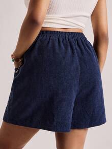 Freevana Quần short vải nhung kẻ sọc cổ điển Bohemian thường ngày có túi trang trí cho nữ, đa năng cho đầu xuân - Màu xanh hải quân - Xem 2