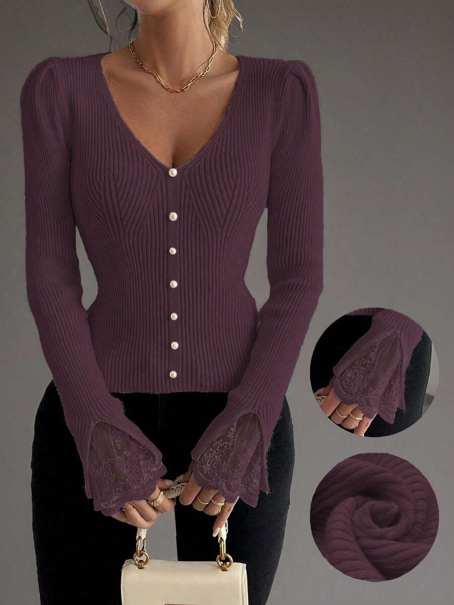 EMERY ROSE French Lace Patchwork V-Neck Fitted Puff Sleeve Knit Sweater With Pearl Decor, Long Sleeve - Chocolate Brown - View 1