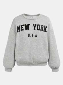 SHEIN Girlism Tween Girl Casual Daily Round Neck New York Letter Print Sweatshirt And Straight Leg Pants Set - Grey - View 5