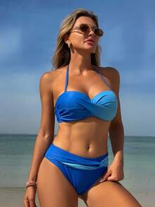 Swim Lushoire 2pcs Women Ombre Criss-Cross Triangle Bikini Set, Beach Vacation Casual Swimwear, Summer - Blue - View 5