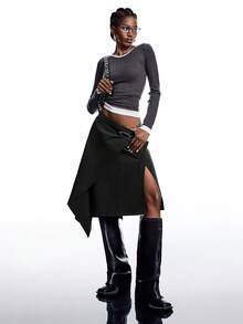 LYSMO 2026 简约女士条纹印花不对称下摆开衩半身裙，不对称裹身裙，深灰色半身裙，开衩半身裙，高开衩半身裙 - 深灰色 - 查看 8