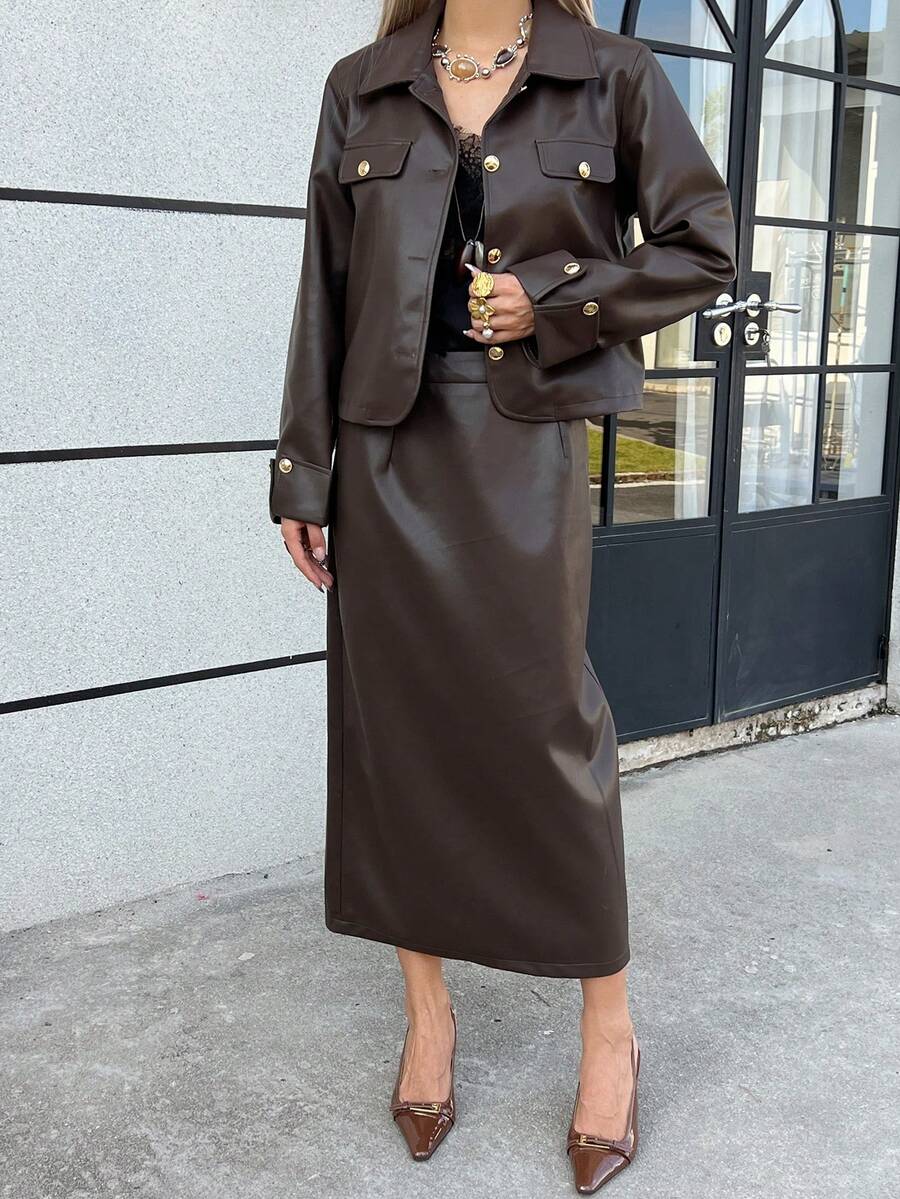 DAZY Women's Casual Solid Color PU Leather Pocket Jacket And A-Line Skirt 2-Piece Set, Autumn - Brown - View 1