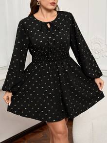 Miaspire Vestido de manga larga con estampado total y detalle de nudo delantero para tallas grandes - Negro - Ver 3