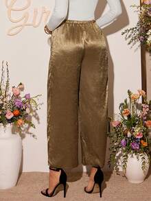 Loomaby Maternity Elegant Elastic Waist Loose Wide Leg Pants, Autumn Dress Gender Reveal Dress Maternity Dress Baby Shower Dress Gold Long Skirt Satin Long Skirt Brown Long Skirt Maternity Skirt Silk Long Skirt Gold Skirt Satin Skirt Silk Skirt - Coffee Brown - View 2