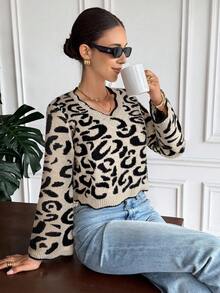 SHEIN Frenchy 女士豹纹V领喇叭袖短款毛衣，秋冬款 - 彩色 - 查看 5