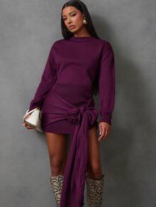 NYA SZN 长袖宽松系带连衣裙，修身款，适合节日、冬日、春季、圣诞节、新年夜、光明节等场合，紫色针织罗纹针织女装 - 紅色 - 查看 2