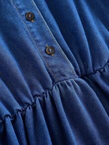 SHEIN Teen Girls Fashion Casual Y2k Vintage Cool Street Comfortable Blue Denim Small Stand-Up Collar Bubble Short-Sleeved Design Denim Dress For Teen Girl Clothes Teen Girls Dailywear And Teen Girl Spring And Summer Rave Outfits Festival And Outfits Streetwear Clothes - Blue - View 6