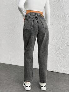 EURMUSE 100%Cotton Snow Washed Cropped Mom Fit Jeans - Grey - View 2