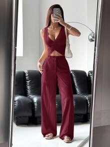 SHEIN EZwear 女士单扣马甲裤套装，纯色，秋冬季 - 酒紅色 - 查看 1