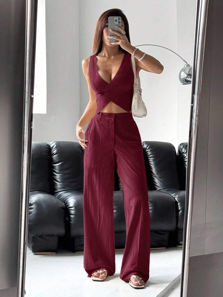 SHEIN EZwear 女士单扣马甲裤套装，纯色，秋冬季 - 酒紅色 - 查看 1