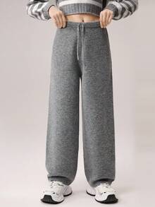 少女休闲日常通勤简约纯色抽绳腰宽松针织衫裤套装，秋冬季 - 深灰色 - 查看 4